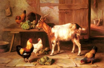 Fowl Painting - Goat And Chickens Feeding In A Cottage Interior farm animals Edgar Hunt